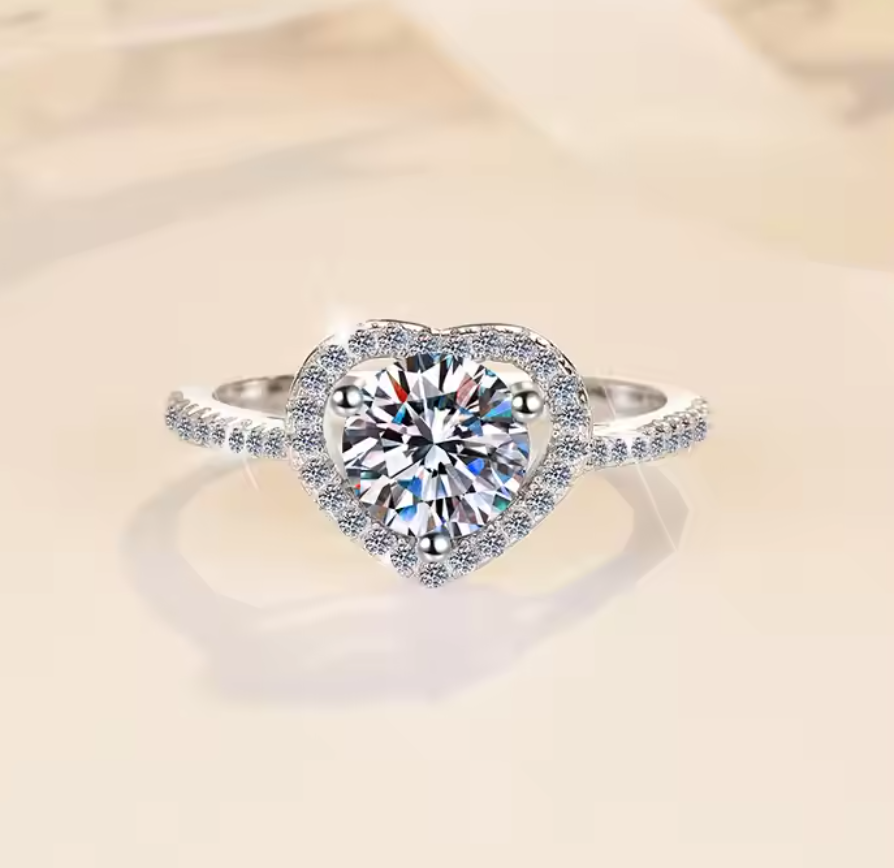 Amorette: 1 Carat D Color VVS1 Moissanite Heart Halo Ring