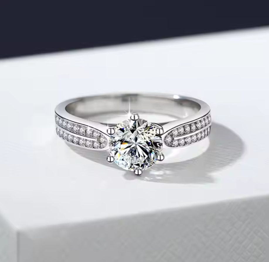 Eternal Grace: 2 Carat D Color VVS1 Moissanite Ring with Double Pavé Band