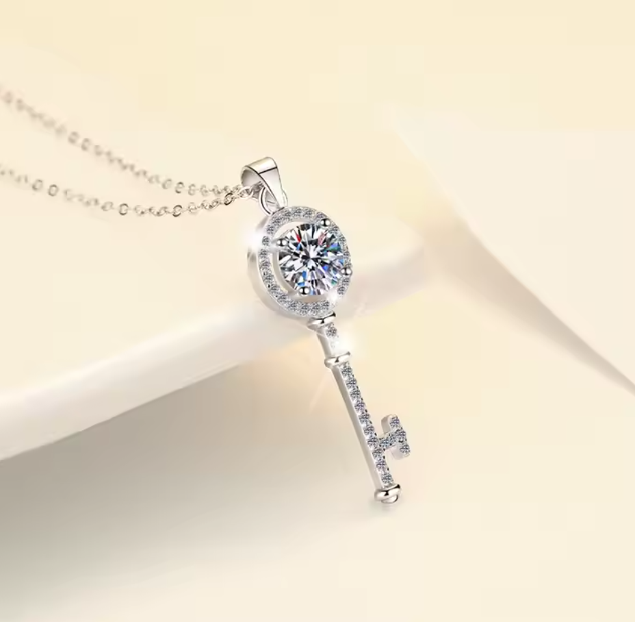 Elara Key: 1 Carat D Color VVS1 Moissanite Key Pendant Necklace