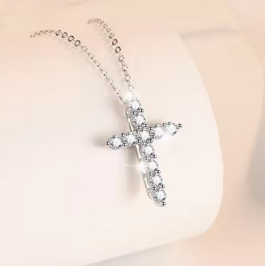 Celestia Cross Moissanite Pendant – 24K White Gold-Plated - A Timeless Symbol of Faith and Elegance